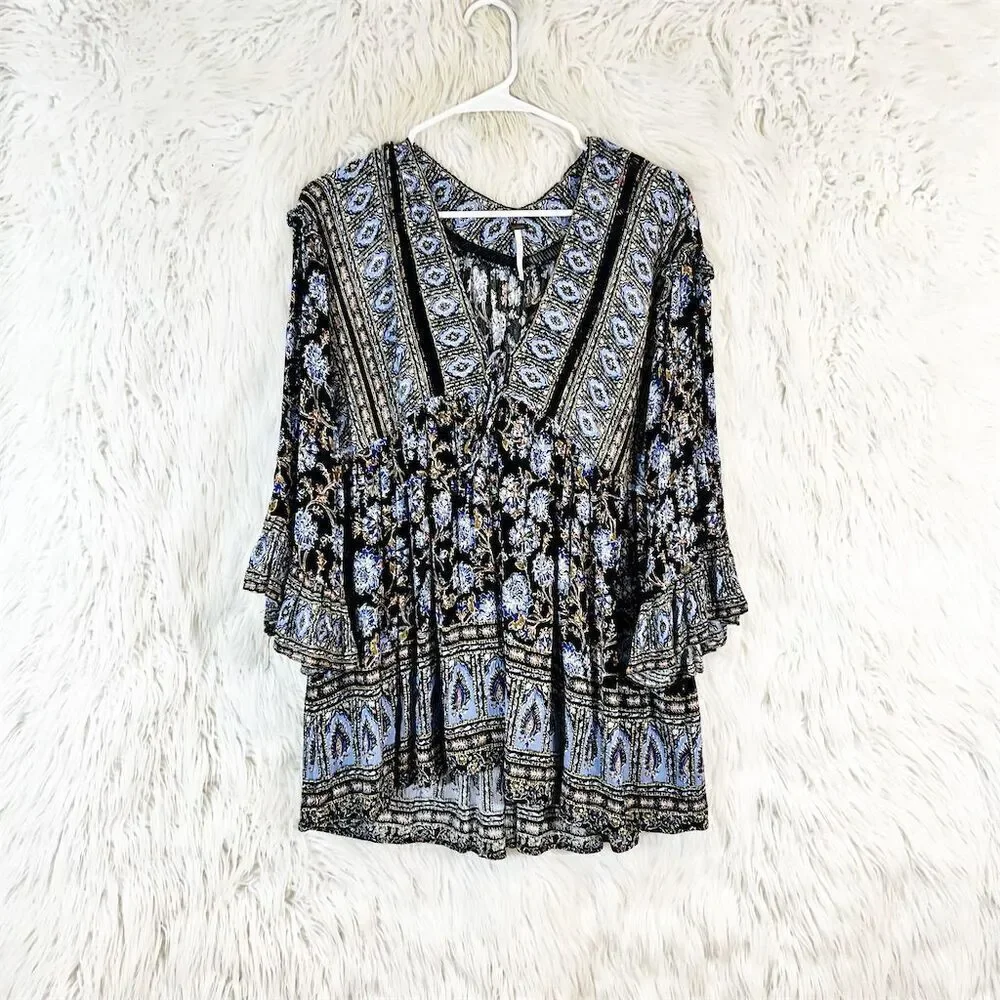 Free People Moonlight  Floral Tunic dress Blue V-Neck Long Sleeve M